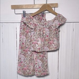 BTWEEN VGUC Linen Blend Floral Print Off Shoulder Ruffle Top Elastic Pants Set
